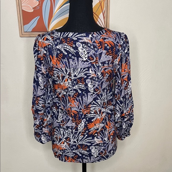 Maeve by Anthropologie Cathy Pleated Blouse Blue Jungle Print Size S - Picture 5 of 11